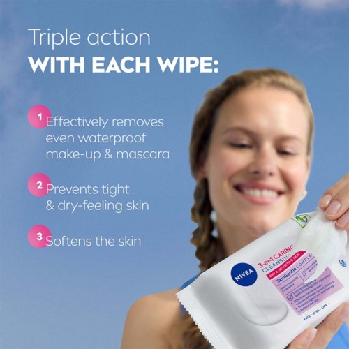 Tekst legt uit hoe doekjes waterproof make-up verwijderen, droge huid voorkomen en de huid verzachten.