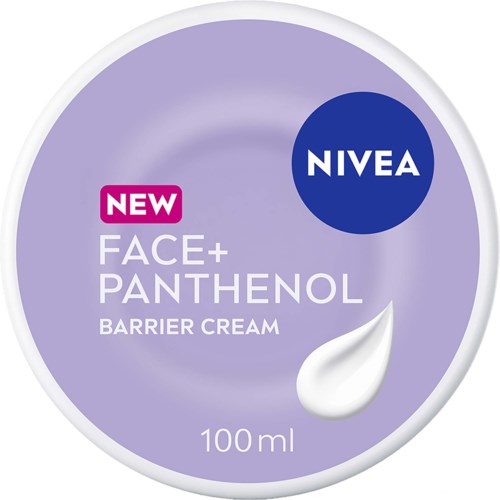 Nivea ansikts- och panthenol barriärkräm i en lila rund förpackning med vit lock.