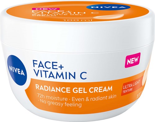 A white jar of Nivea face cream labeled Face+ Vitamin C Radiance Gel Cream with orange accents and a pink New label.