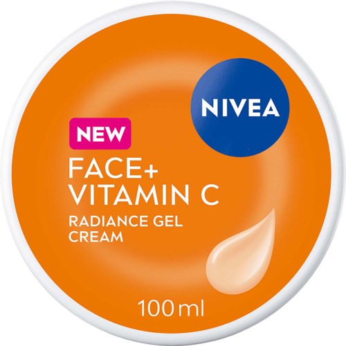 NIVEA Face Vitamin C Radiance Gel Cream packaging with orange background and blue NIVEA logo.
