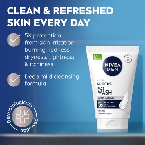 Text om en Nivea Men ansiktsrengöring som betonar skydd, mild rengöring och hudvårdsfördelar.