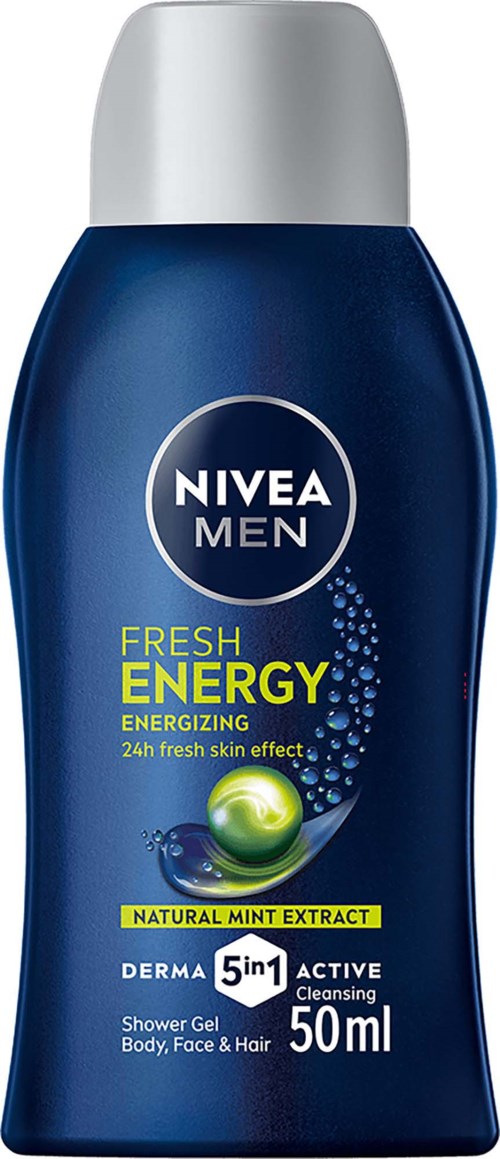 Nivea Men shower gel bottle with blue packaging, silver cap, and label highlighting fresh energy and natural mint extract.