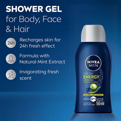 NIVEA MEN shower gel bottle with label stating it recharges skin, made with natural mint extract, and provides fresh scent.
