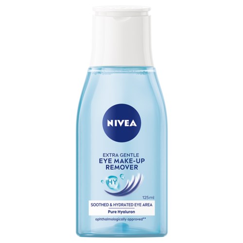 En Nivea-ögonturslösare flaska med blå vätska och vit lock, märkt för skonsam ögonvård med hyaluronsyra.