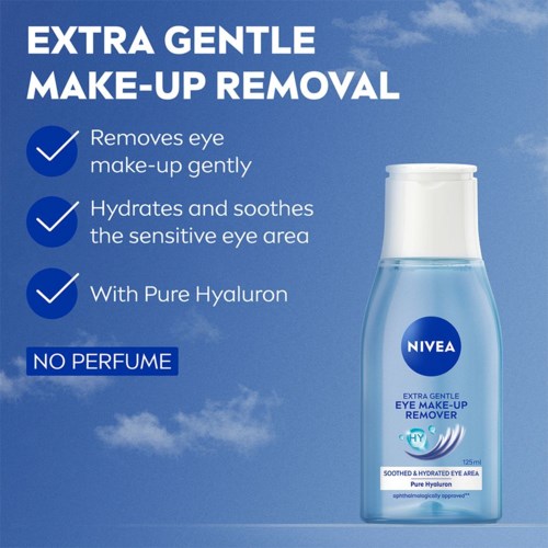 Nivea ögonmakeupborttagningsflaska med funktioner: mjuk, återfuktande, innehåller hyaluron, utan parfym, påstår sig lugna ögonen.