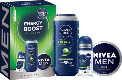 Nivea Men hudvårdsuppsättning med energiboost fuktkräm, kroppsdoftrulle och ansiktskräm i blått och vitt skok.
