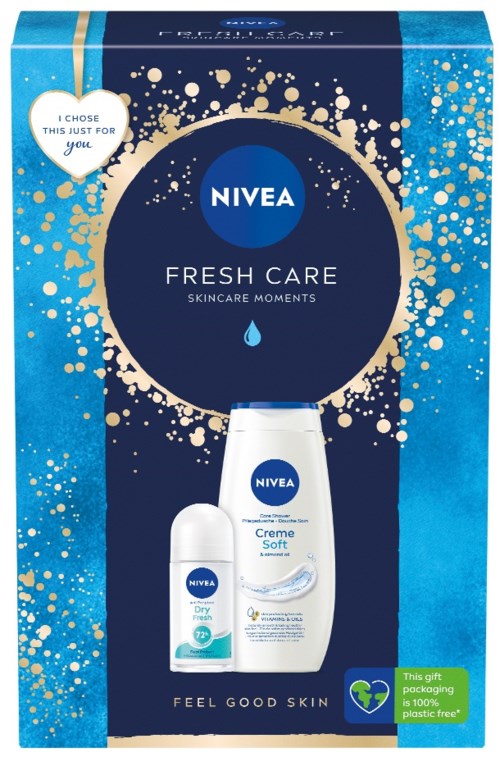 Sininen pakkaus, jossa Nivea-logo ja ihonhoitotuotteita. Mukana sydän, jossa teksti lahjan valitsemisesta. Ympäristöystävällinen merkki.