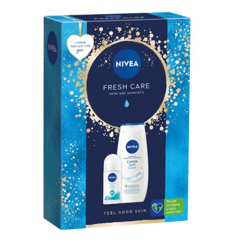 Sininen laatikko, jossa on Nivea-huoltotuotteita, kuten pullo ja tikku, kiiltää ja korostaa raikkautta.