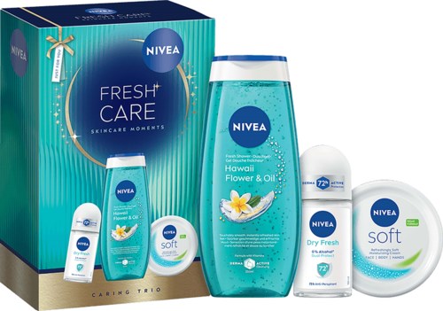 Nivea Fresh Care huidverzorgingsset met grote fles Hawaii Flower & Oil doucheschuim, moisturizer, deodorant en kleine schoonheidsproducten.