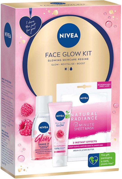 A skincare set with a glow kit, a facial spray, and a sheet mask, in pink and blue packaging themed for glowing skin.