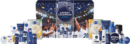 En Nivea adventskalenderboks med 24 hudpleie- og groomingprodukter, omgitt av individuelle flasker og beholdere.