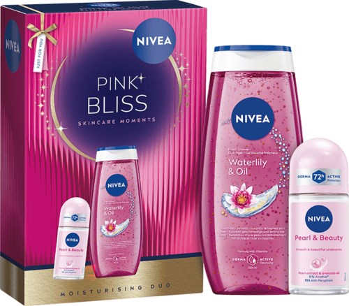 NIVEA Pink Bliss huidverzorgingsset met Waterlily & Oil, Pearl & Beauty roll-on in roze verpakking en flessen.