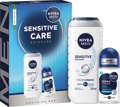 Ett Nivea Men Sensitive Care hudvårdsset med duschgel och deodorant i blå och vit förpackning.