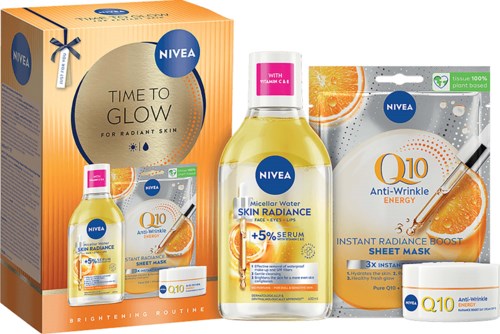 Nivea hudvårdspresentset med Q10 anti-rynke sheet mask, serum och ansiktsmist i en orange och vit låda.