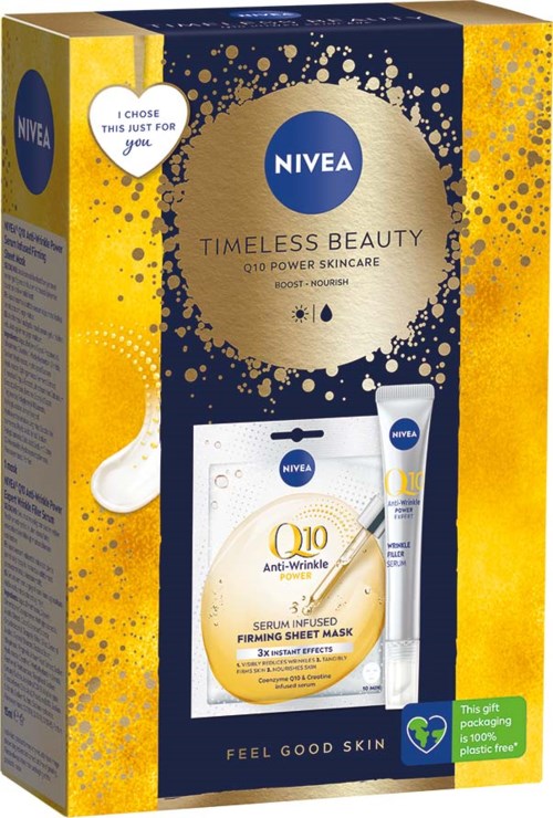 Nivea ihonhoitotuotteiden paketti, sisältää voiteen, seeruminaamion ja voiteen, edistää nuorekasta, kiinteää ihoa ja anti-ryppyvaikutusta.