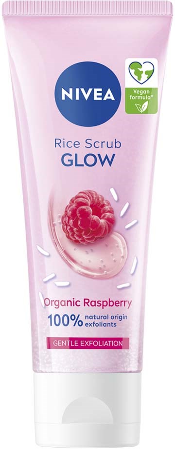 En rosa tube fra Nivea rice scrub glow med bringingrief, vegansk, og med naturlige ingredienser for skånsom eksfoliering.