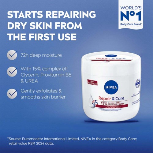 Nivea Repair & Care creme lover 72 timers fugt, eksfolierer og jævner huden med B5-vitamin og Urea.