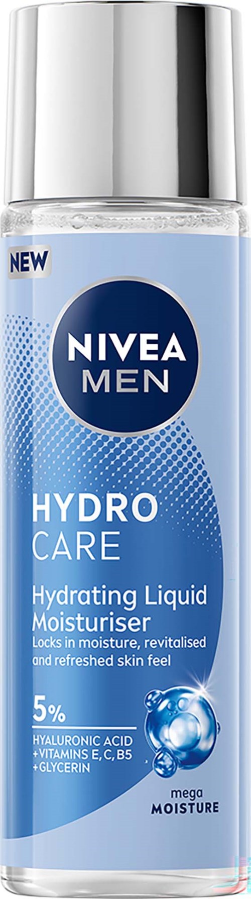 Nivea Men Hydro Care hydrating liquid moisturizer in a clear bottle with blue label and silver cap.