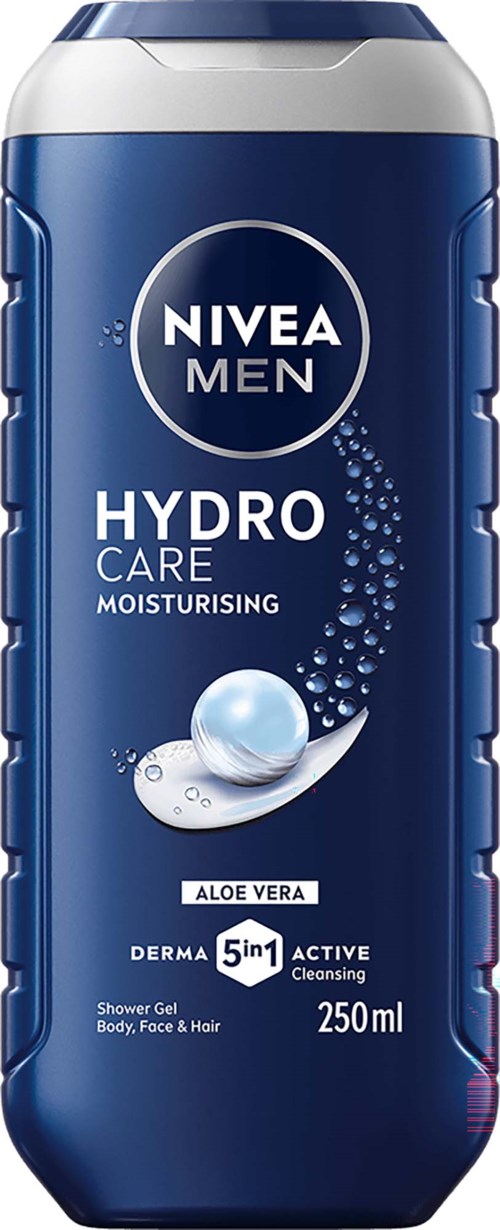 Blauwe Nivea Men Hydro Care doucherollenvulling met aloe vera, 250 ml, voor lichaam, gezicht en haar.