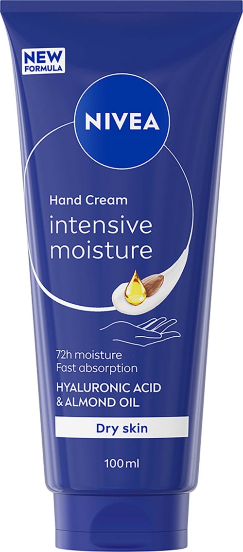 Blaue Tube Nivea Handcreme mit Hyaluronsäure und Mandelöl, 100 ml.