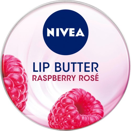 NIVEA läppbalsam med hallonsmak, rosa och lila förpackning, visar hallon.