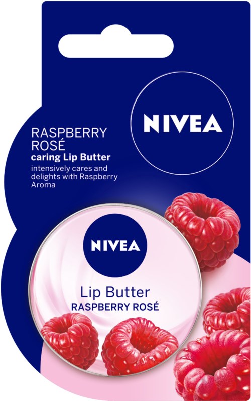 Ett NIVEA-läppbalsam med smak av hallon, med bilder av färska hallon och blå bakgrund.
