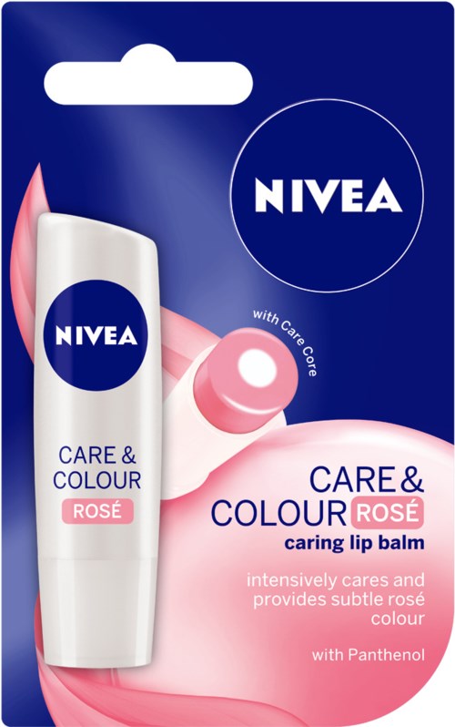En Nivea Care & Colour Rosé läppbalsam förpackning med rosa och vit design, med tuben och locket i rosa.
