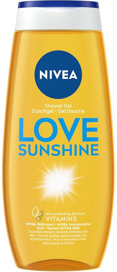 Nivea duschtvål flaska i gult med blå och vit etikett, med orden "Love Sunshine" och en solbild.