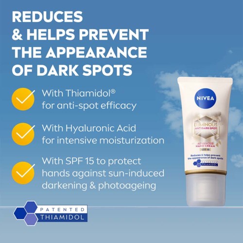 Nivea Luminous AntiDark Spot kerma, SPF 15, ehkäisee tummia läiskiä ja kosteuttaa. Sopii auringolta suojaukseen.