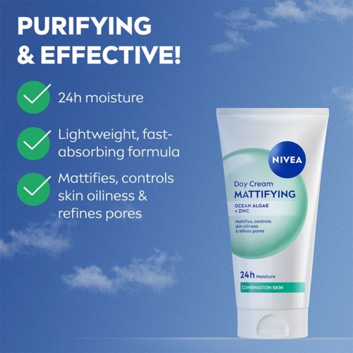 Nivea dagkräm för fet hy, påstår sig ge fukt, kontrollera olja och förbättra porer, med oceanalger och zink.