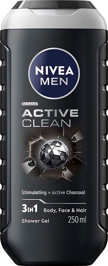 En svart flaska Nivea Men Active Clean duschtvål med silver- och blå etikett som visar en fotboll och text.