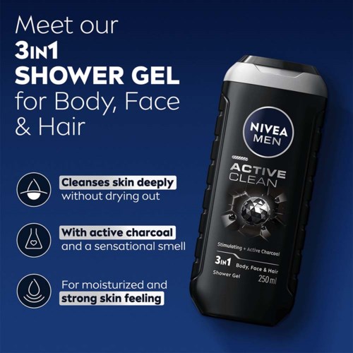 En Nivea Men duschgelflaska med egenskaper som djup rengöring, aktivt kol och hudkänsla.