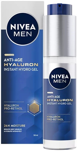En Nivea Men anti-age hyaluronsnabbgelflaska och låda, blå och vit förpackning, främjar hudvård fördelar.