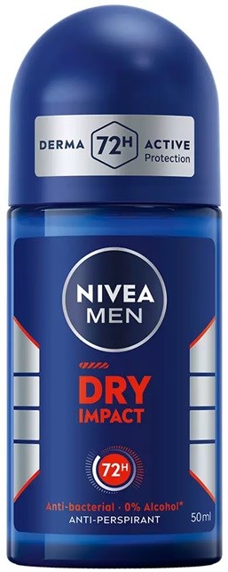 An anti-perspirant stick labeled 'NIVEA MEN DRY IMPACT' in blue with white and red details. It offers 72-hour protection.