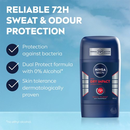 Tekst som beskriver Nivea Men Dry Impact antiperspirant med 72-timers beskyttelse, viser funksjoner og fordeler.