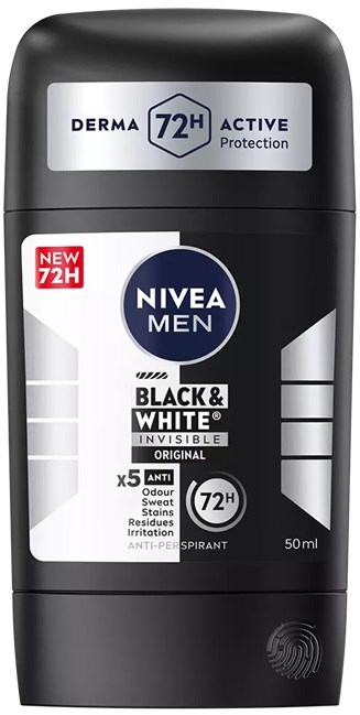En sort og hvid deodorantstift med mærketekst. Den nævner 72-timers beskyttelse, lugtbeskyttelse og usynlige egenskaber.