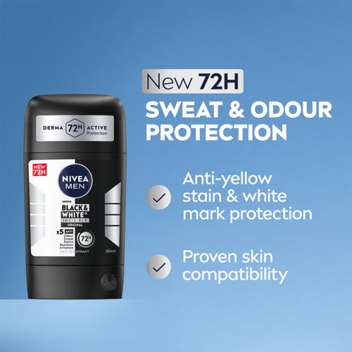 Annoncør for Nivea Men deodorant med 72 timers sved- og lugtbeskyttelse, anti-gul plet, og bevist hudkompatibilitet.