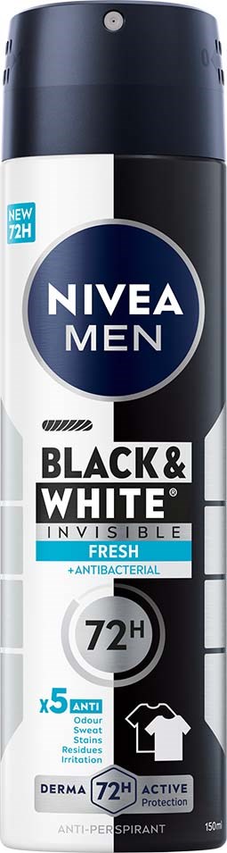 A can of Nivea Men Black & White invisible deodorant for men, with antibacterial and 72-hour protection.