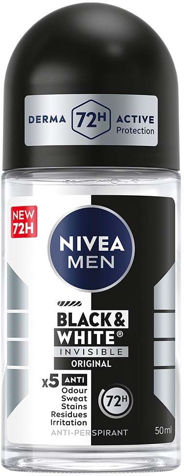 Läpinäkyvä deodoranttiras, merkitty Nivea Men Black & White, musta kansi, hopea, valkoinen ja musta muotoilu.