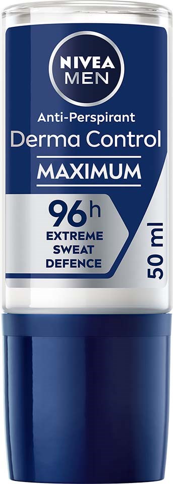 En Nivea Men deodorantstift med blå og hvid emballage, mærket Derma Control Maximum til ekstrem svedbeskyttelse.