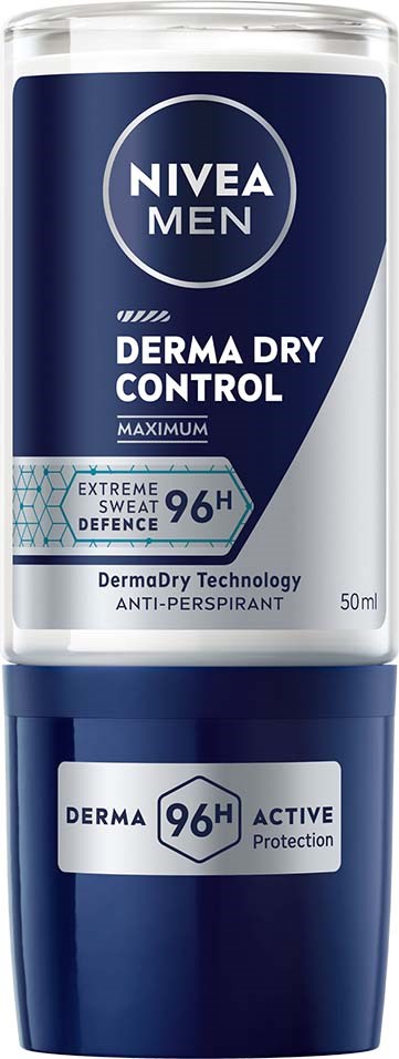 Dezodorant w sztyfcie NIVEA Men z dwoma częściami: niebieską nakładką i srebrno-niebieskim ciałem. Przeznaczony do suchej kontroli i ochrony.