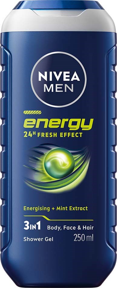 En blå flaska Nivea Men energy duschgel med grönt virvlar och text om friskhet och energi.
