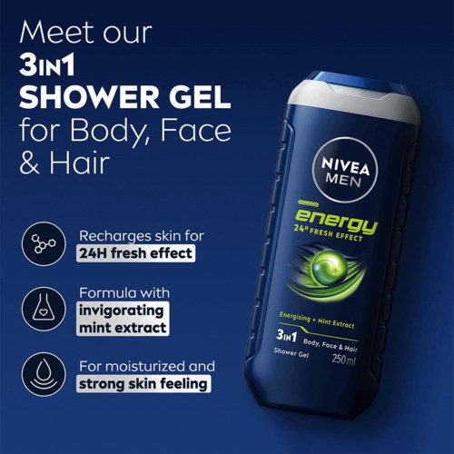 NIVEA Men dusjsåpe for kropp, ansikt og hår med mintekstrakt, 250 ml, lover 24 timers friskhet og sterk hud.