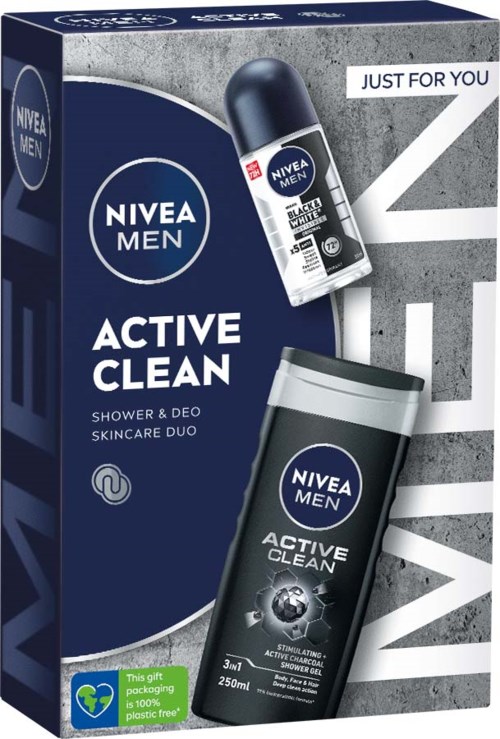 Ein Nivea Men-Geschenkeset mit Duschgel und Deodorant, gekennzeichnet 'Active Clean,' in blauer und grauer Verpackung.