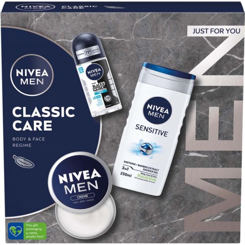 Nivea Men-produkter inkluderar deodorant, ansiktskräm och duschgel för mäns hudvård. Packningen är blå och vit.