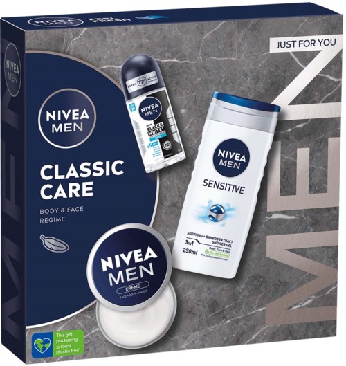 Nivea Men hudvårdsset innehåller deodorant, ansiktsrengöring och kräm för känslig hud.