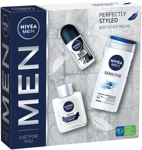 Nivea Men hudvårdsset innehåller duschgel, deodorant och after shave balm, allt för känslig hud.