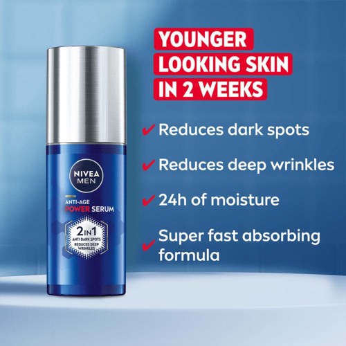 Nivea Men anti-age power serum påstår sig minska mörka fläckar, djupa rynkor och ger 24 timmars fukt med snabb absorption.