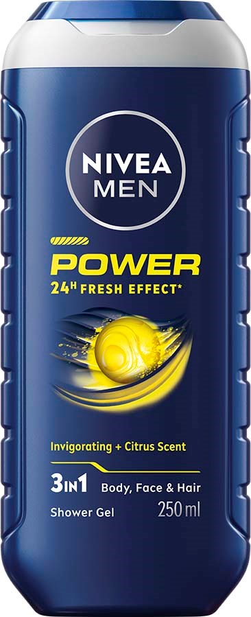 En blå flaske Nivea Men Power dusjsåpe med sitrusduft, 3-i-1 for kropp, ansikt og hår.