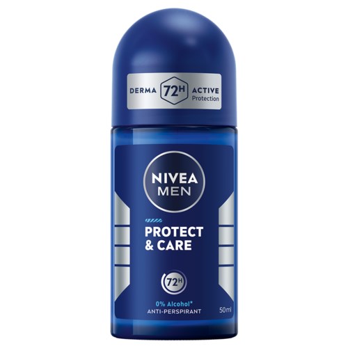Nivea Mann deodorant spray in blauwe verpakking, met "Protect & Care" en 72 uur bescherming, alcoholvrij.